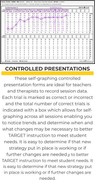 CONTROLLED PRESENTATIONS These self-graphing controlled presentation forms are ideal for teachers and therapists to record session data.  Each trial is marked as correct or incorrect and the total number of correct trials is indicated with a box which allows for self-graphing across all sessions enabling you to notice trends and determine when and what changes may be necessary to better TARGET instruction to meet student needs. It is easy to determine if that new strategy put in place is working or if further changes are needed.y to better TARGET instruction to meet student needs. It is easy to determine if that new strategy put in place is working or if further changes are needed.