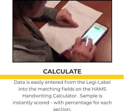 CALCULATE Data is easily entered from the Legi-Label into the matching fields on the HAMS Handwriting Calculator.  Sample is instantly scored - with percentage for each section.