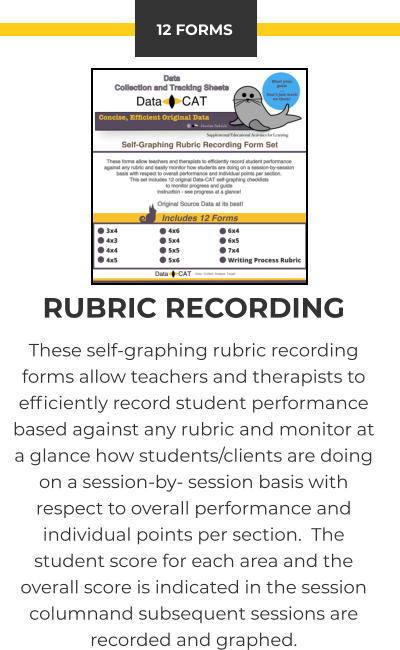 12 FORMS RUBRIC RECORDING These self-graphing rubric recording forms allow teachers and therapists to efficiently record student performance based against any rubric and monitor at a glance how students/clients are doing on a session-by- session basis with respect to overall performance and individual points per section.  The student score for each area and the overall score is indicated in the session columnand subsequent sessions are recorded and graphed.