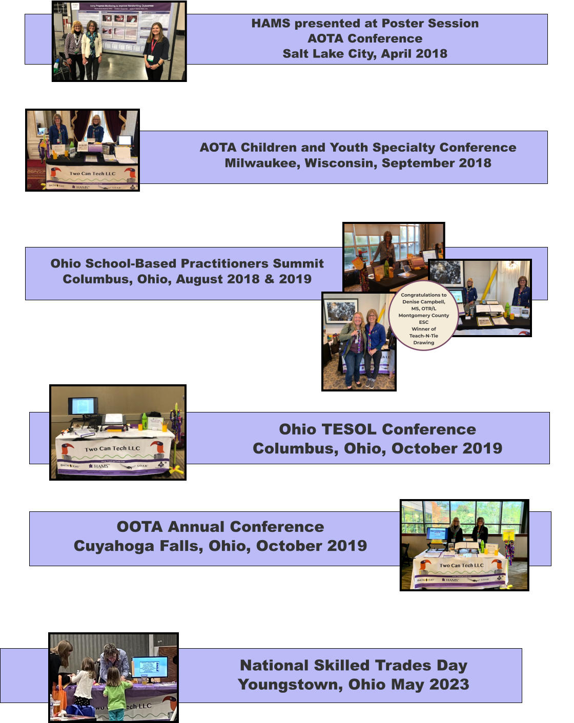 HAMS presented at Poster Session AOTA Conference Salt Lake City, April 2018 AOTA Children and Youth Specialty Conference Milwaukee, Wisconsin, September 2018   Ohio School-Based Practitioners Summit Columbus, Ohio, August 2018 & 2019 Ohio TESOL Conference Columbus, Ohio, October 2019 Congratulations to  Denise Campbell,  MS, OTR/L Montgomery County  ESC Winner of  Teach-N-Tie Drawing OOTA Annual Conference Cuyahoga Falls, Ohio, October 2019   National Skilled Trades Day Youngstown, Ohio May 2023